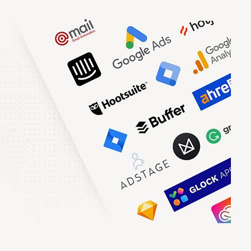 Ikonice alata za digitalni marketing, email markteting, google ads, Buffer, Hootsuite...