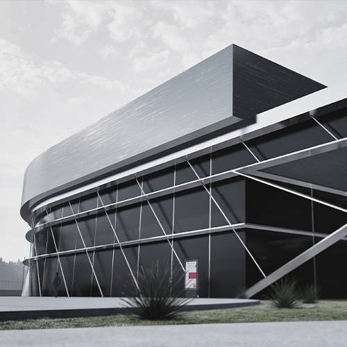 3D vizualizacija fabrike, render izbliza, upravna zgrada